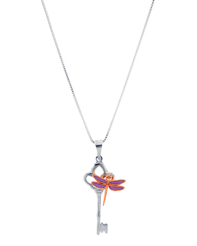Key and 14K Rose Gold Enameled Dragonfly Sterling Silver Pendant
